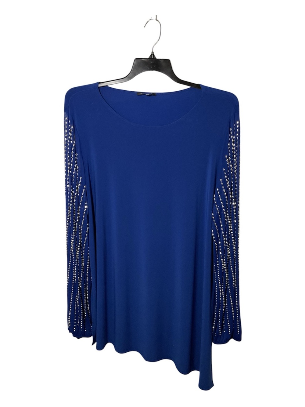 Marina 20W Royal Blue Rhinestone Sleeve Asymmetrical Formal Dress - Picture 2 of 6